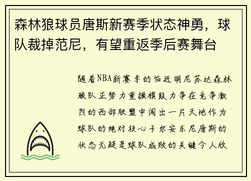 森林狼球员唐斯新赛季状态神勇，球队裁掉范尼，有望重返季后赛舞台