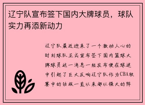 辽宁队宣布签下国内大牌球员，球队实力再添新动力