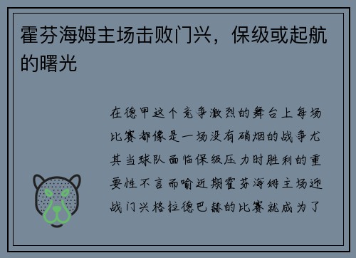 霍芬海姆主场击败门兴，保级或起航的曙光